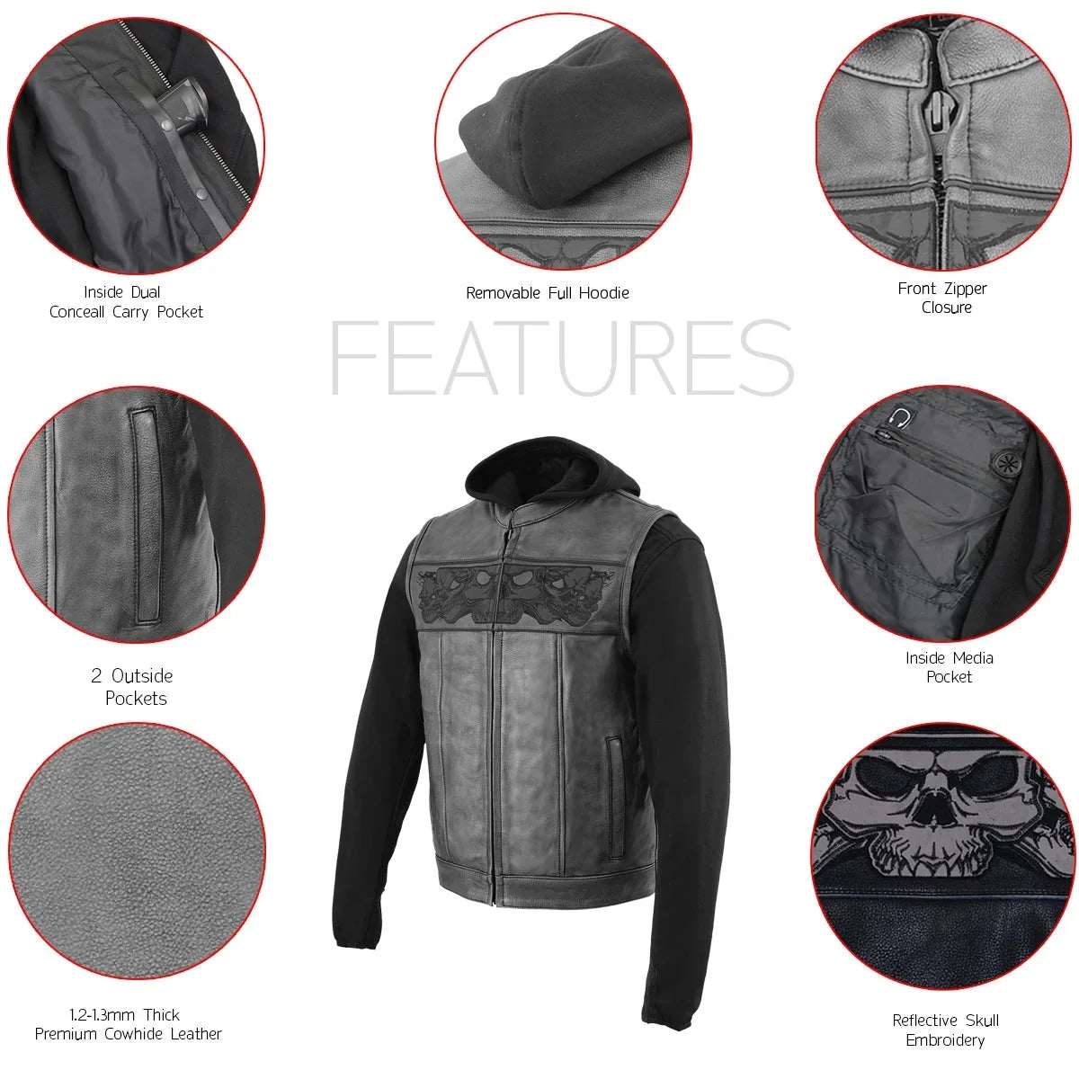 Milwaukee Leather Men's Black Leather Vest with Reflective Skulls & Full Hoodie Liner