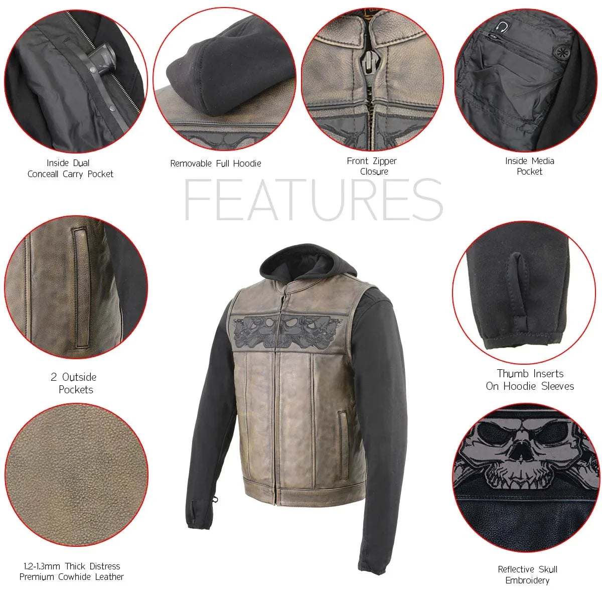 Milwaukee Leather Men's Skull Hoodie Leather Vest | 2-in-1 Moto Vest