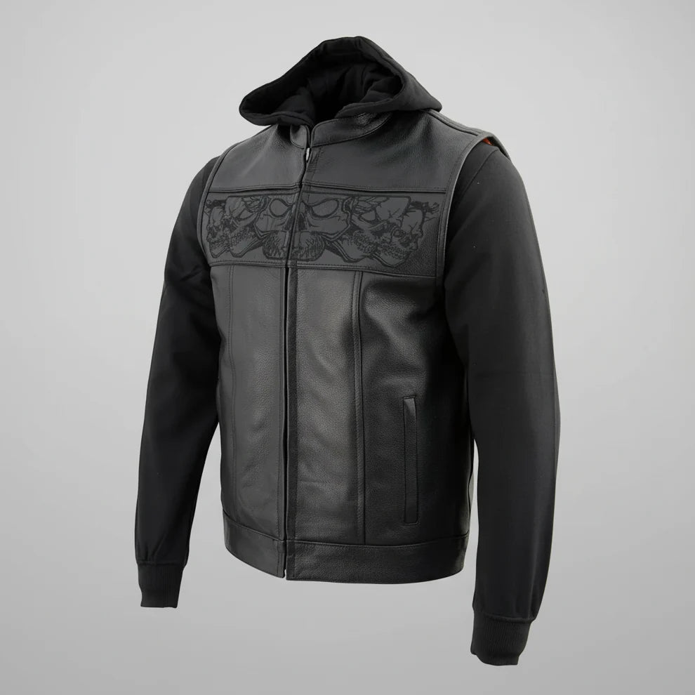 Milwaukee Leather Men's Black Leather Vest with Reflective Skulls & Full Hoodie Liner