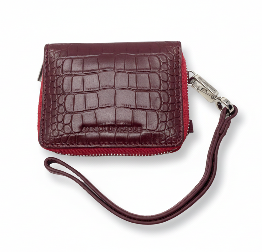 Porte-cartes en cuir rouge bordeaux croco | Maylia