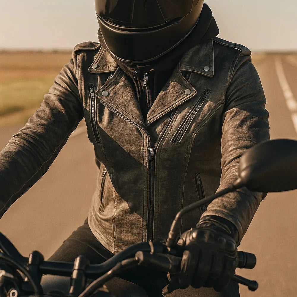 Open Road Women's Hooded Classic Leather Motorcycle Jacket