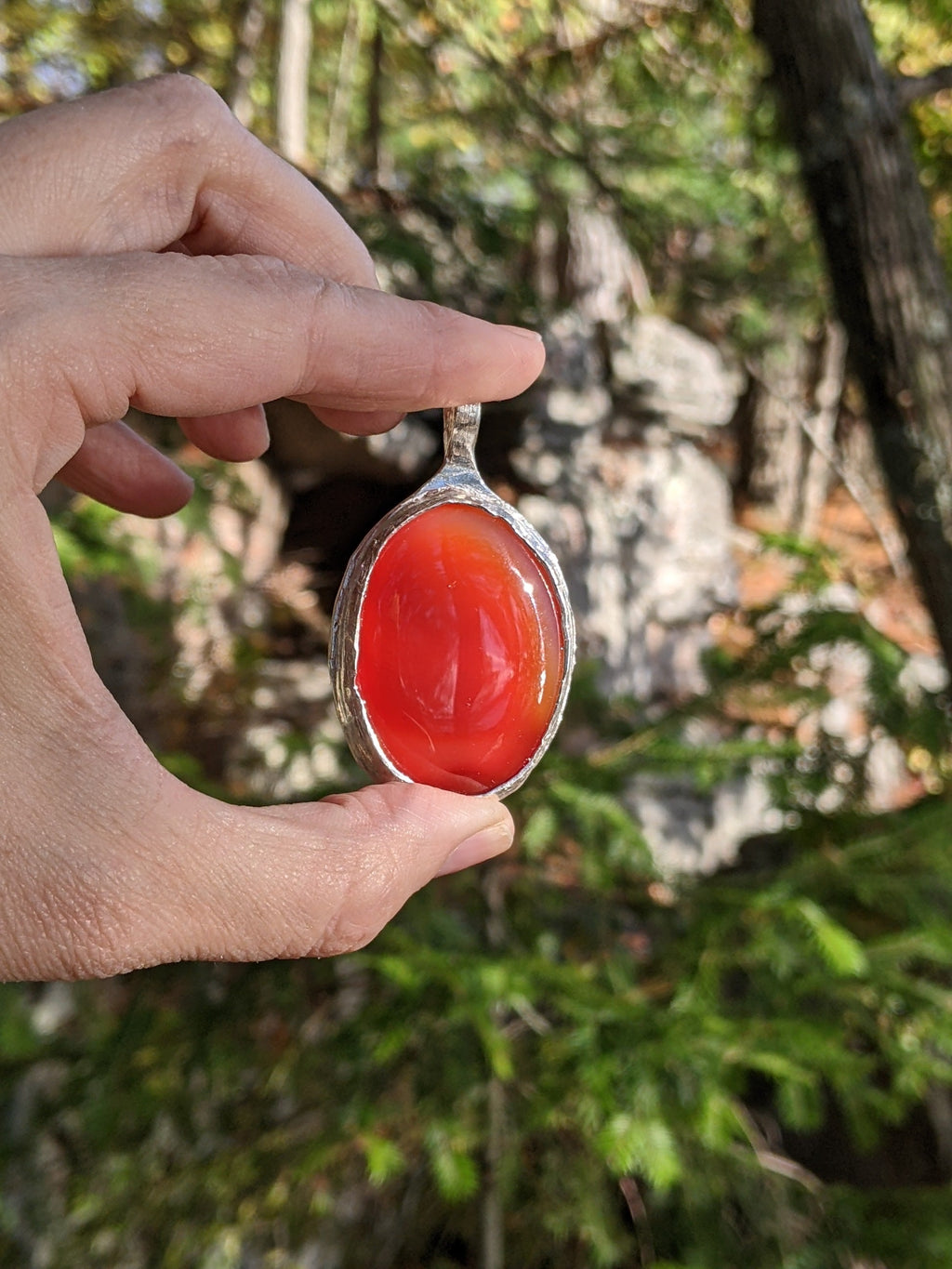 Carnelian Necklace in Sterling Silver — Large OOAK Statement Pendant — 16–18” Adjustable Chain — Echoes of the Lake Collection