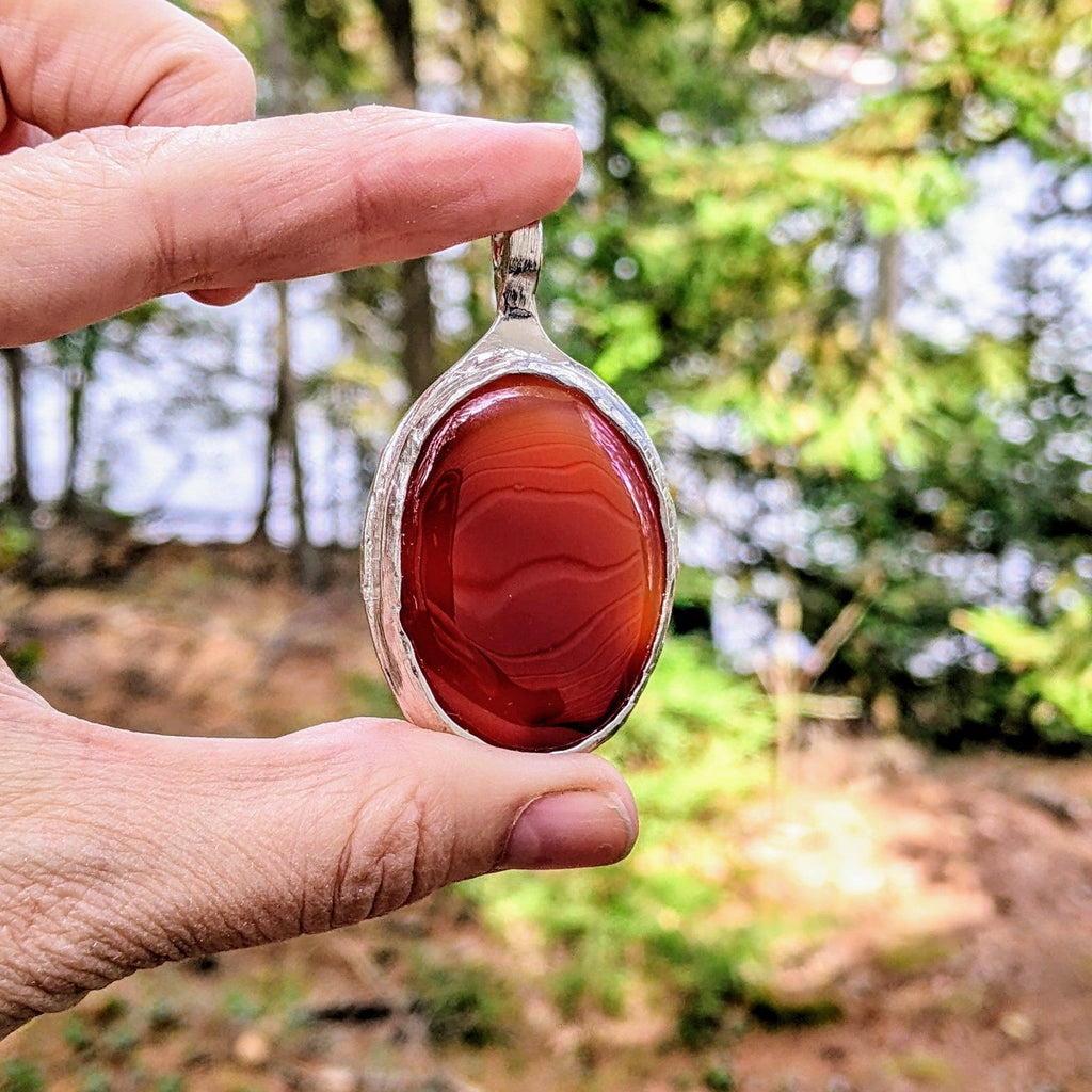Carnelian Necklace in Sterling Silver — Large OOAK Statement Pendant — 16–18” Adjustable Chain — Echoes of the Lake Collection