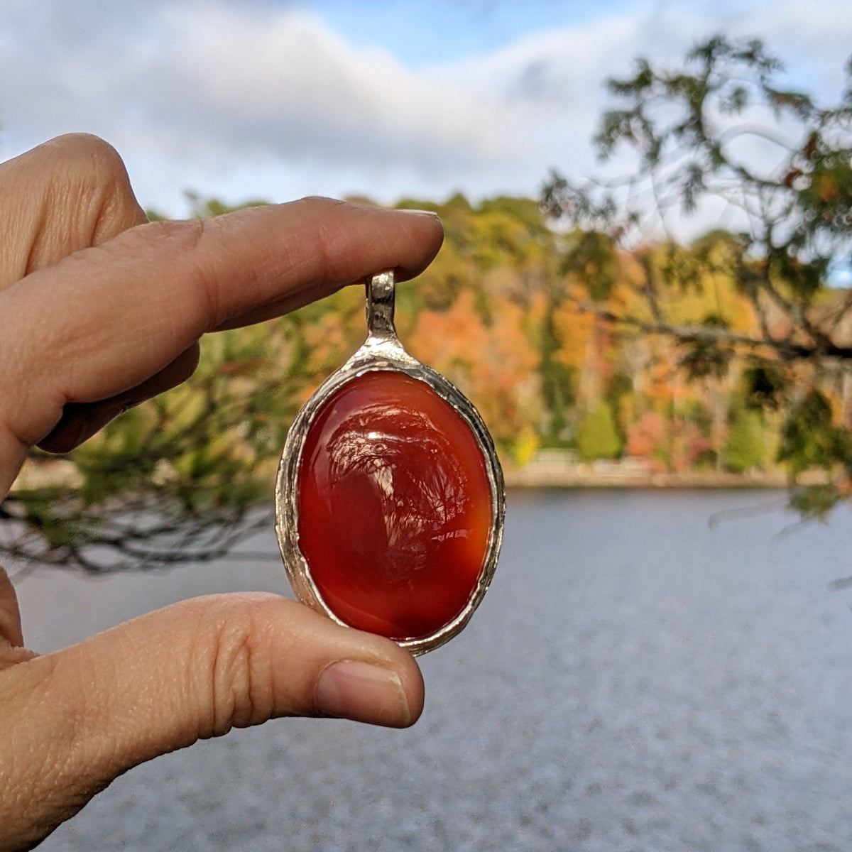 Carnelian Necklace in Sterling Silver — Large OOAK Statement Pendant — 16–18” Adjustable Chain — Echoes of the Lake Collection