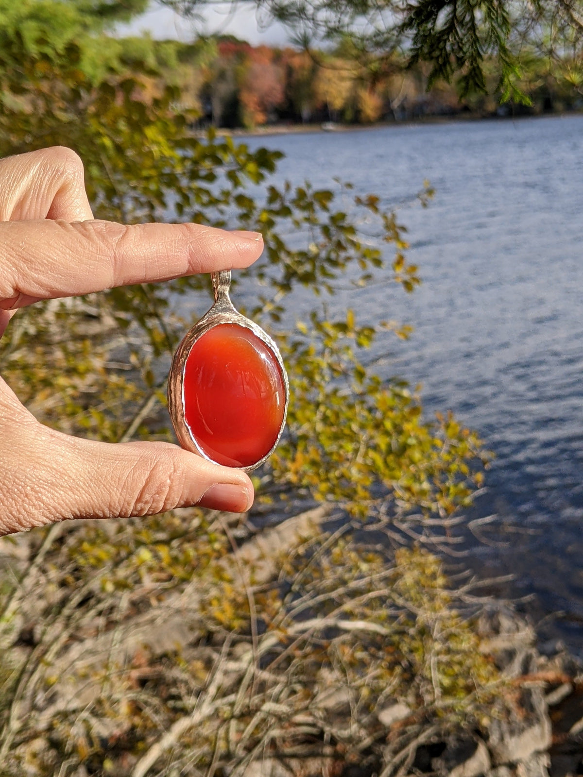 Carnelian Necklace in Sterling Silver — Large OOAK Statement Pendant — 16–18” Adjustable Chain — Echoes of the Lake Collection