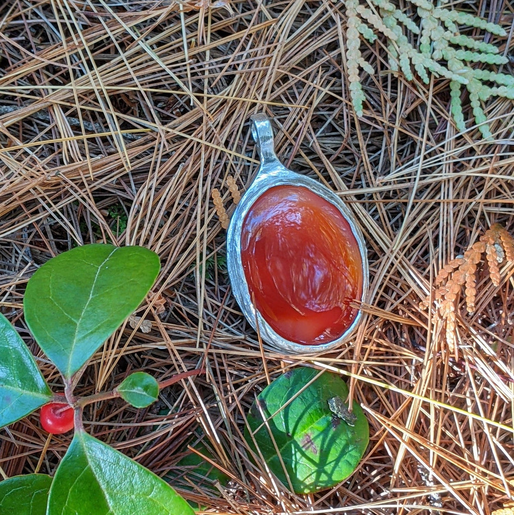 Carnelian Necklace in Sterling Silver — Large OOAK Statement Pendant — 16–18” Adjustable Chain — Echoes of the Lake Collection
