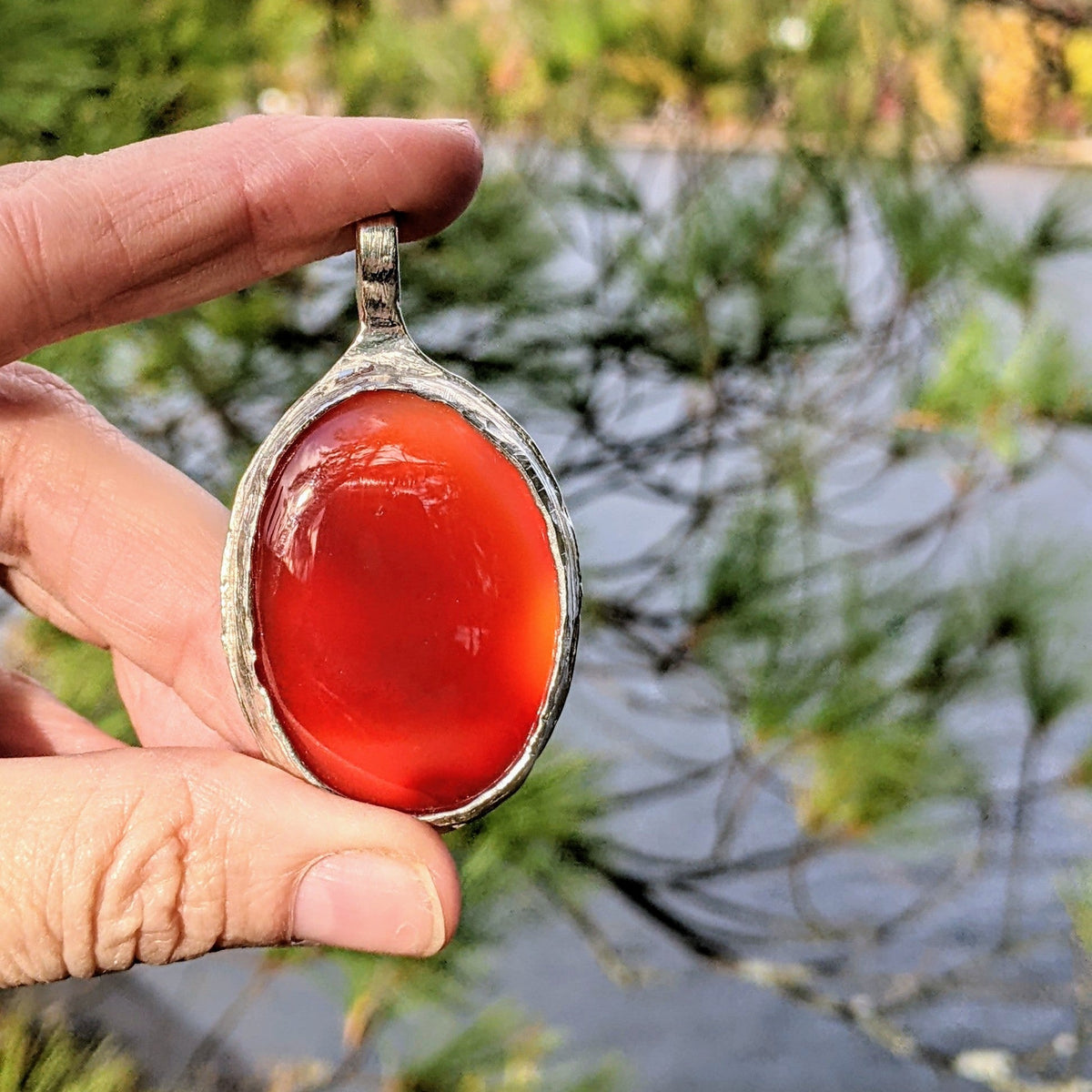Carnelian Necklace in Sterling Silver — Large OOAK Statement Pendant — 16–18” Adjustable Chain — Echoes of the Lake Collection