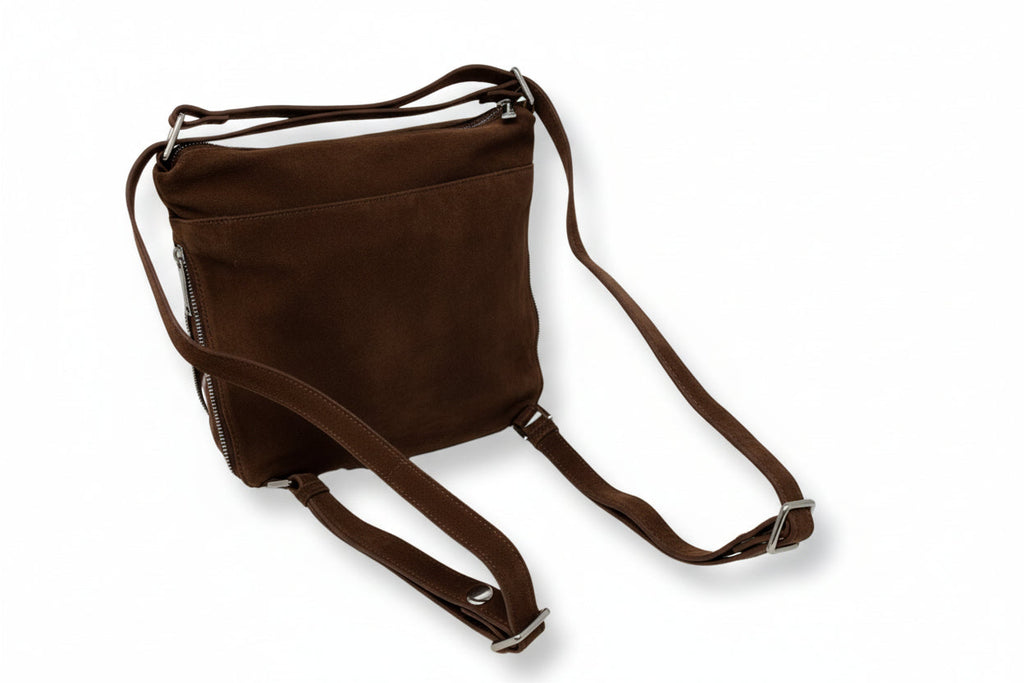 Sac à dos en suède brun, transformable, Josée