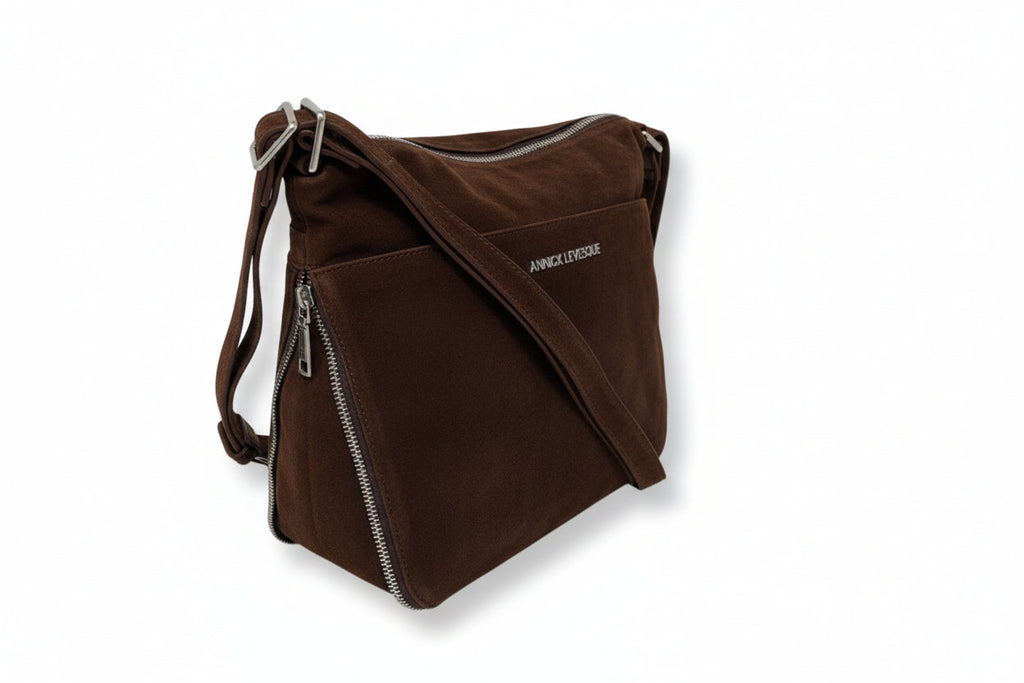 Sac à dos en suède brun, transformable, Josée