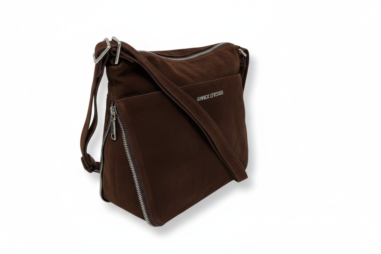 Sac à dos en suède brun, transformable, Josée