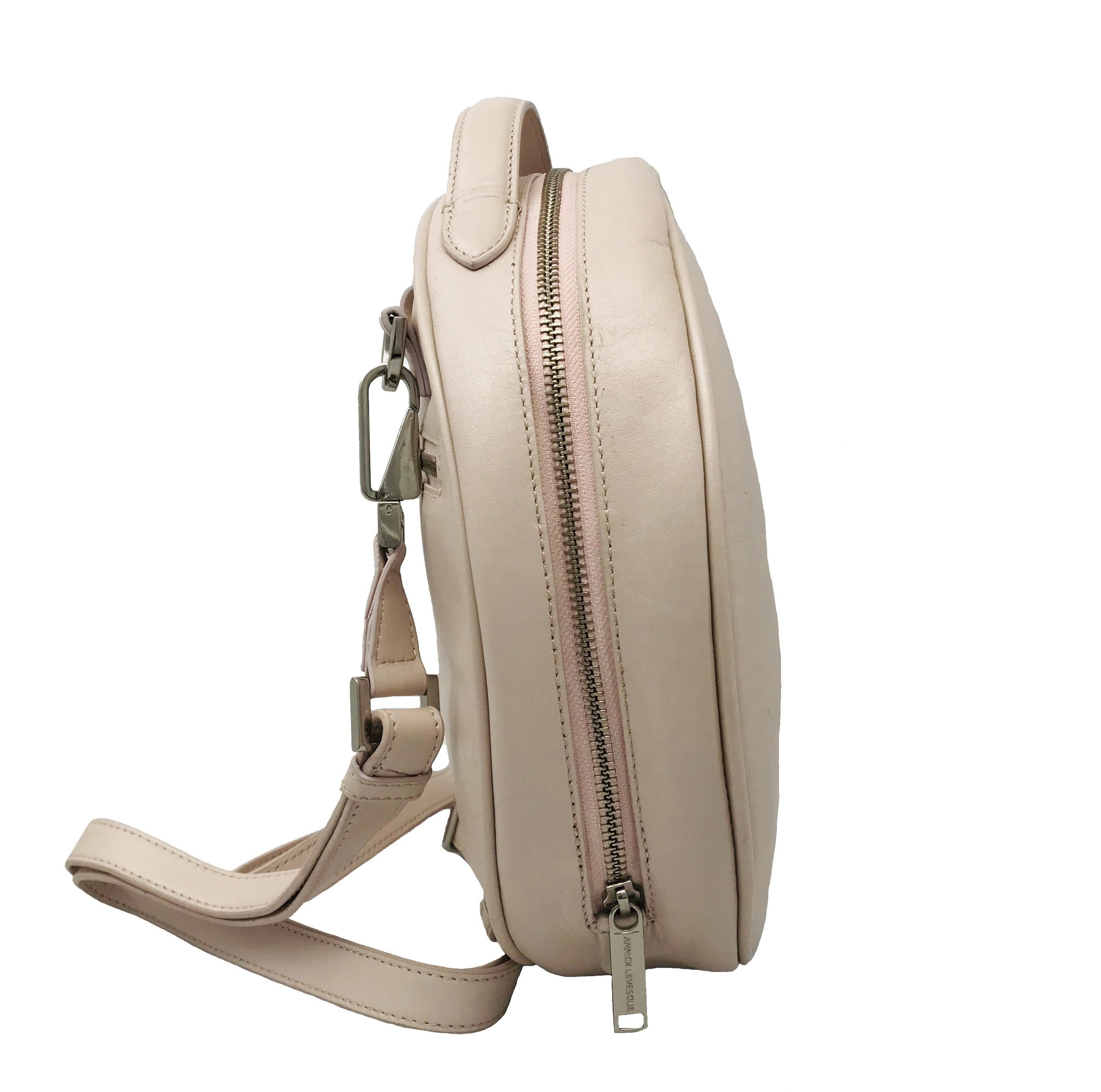 Sac rond en cuir véritable Rose Poudre, transformable, Heidi