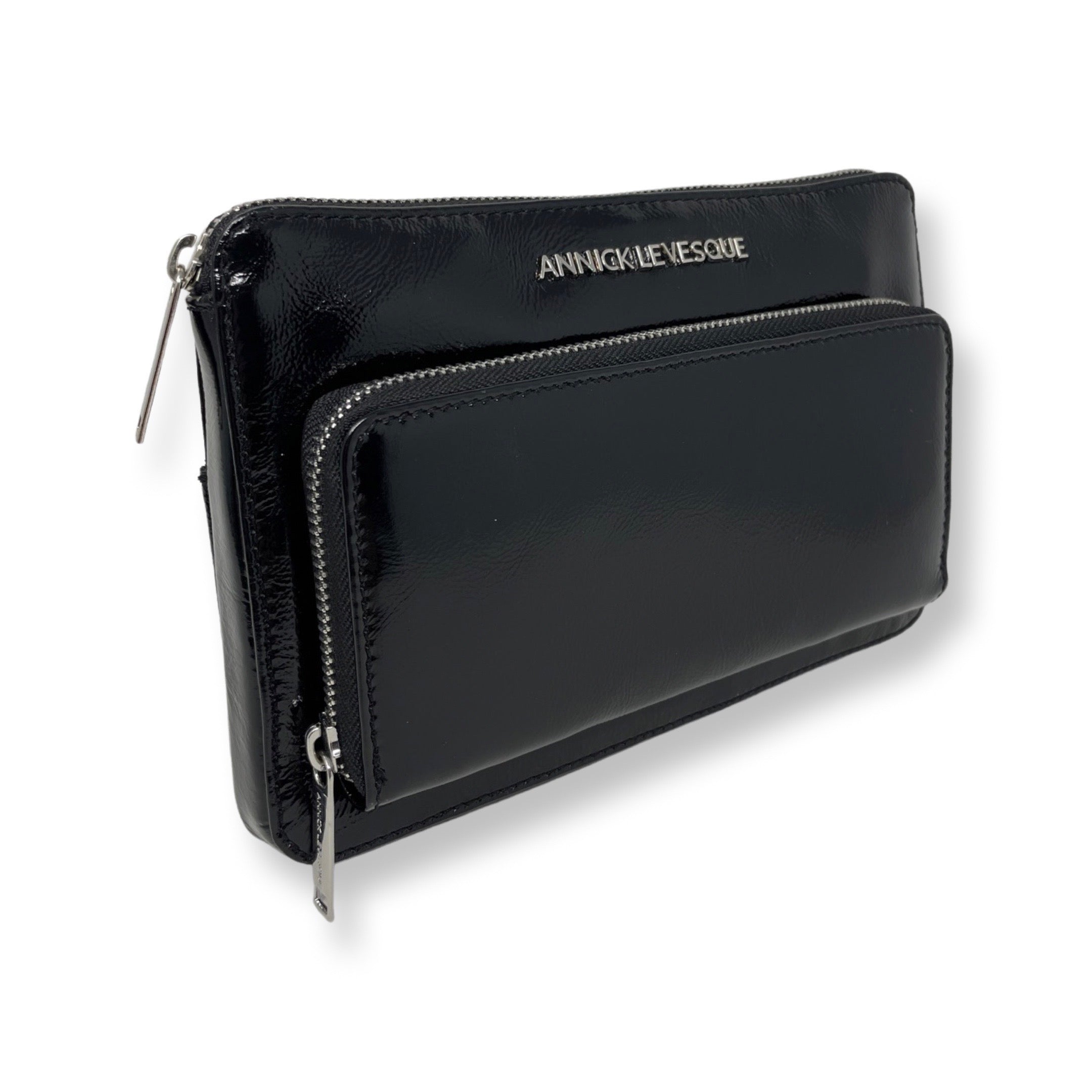 Petit sac à Bandoulière Portefeuille en Cuir Vernis Noir Patin, Carmen - PRÉCOMMANDE