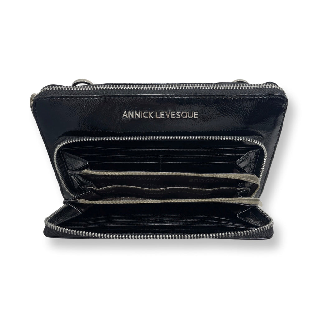Petit sac à Bandoulière Portefeuille en Cuir Vernis Noir Patin, Carmen - PRÉCOMMANDE