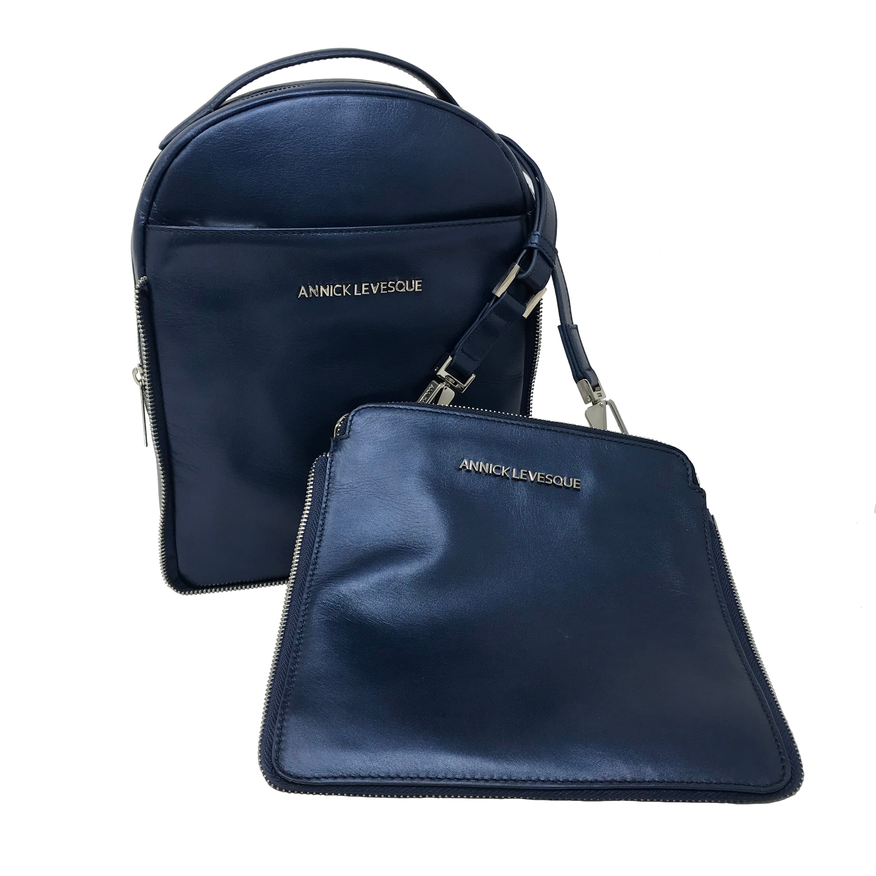 Sac à dos en cuir véritable Alice, Bleu Marine