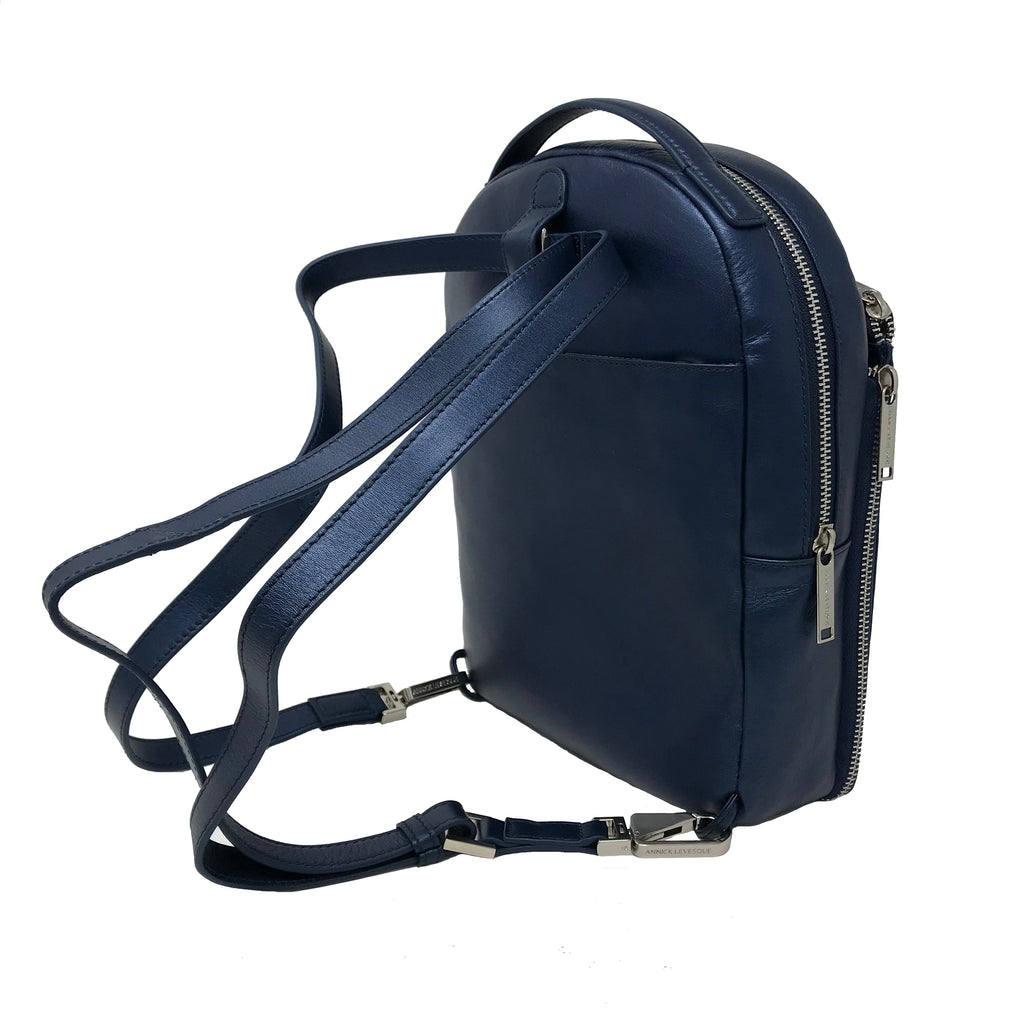 Sac à dos en cuir véritable Alice, Bleu Marine