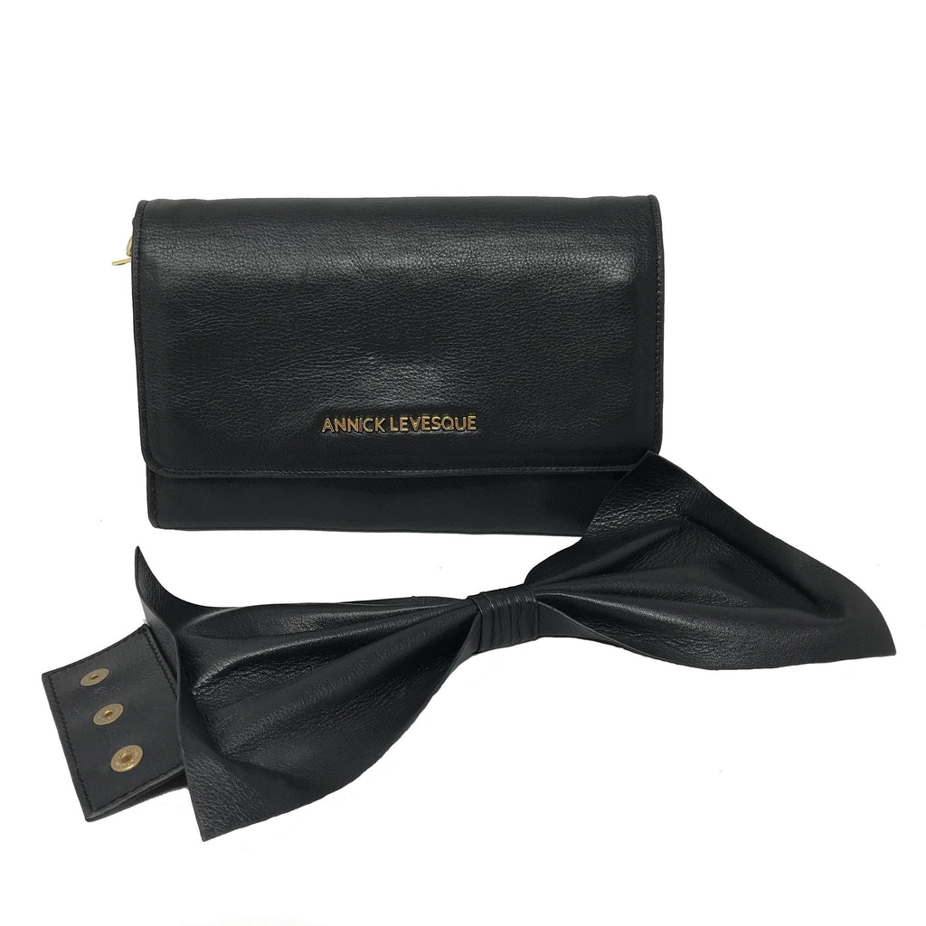 Sac à main en cuir véritable noir avec noeud papillon | Scarlett - PRÉCOMMANDE