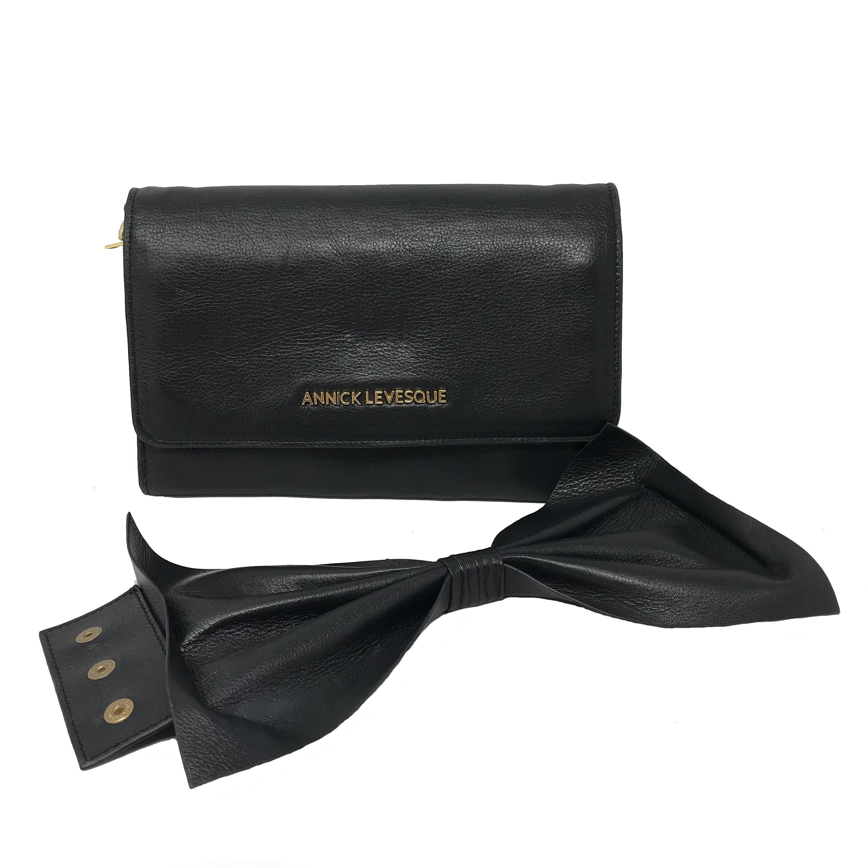 Sac à main en cuir véritable noir avec noeud papillon | Scarlett - PRÉCOMMANDE