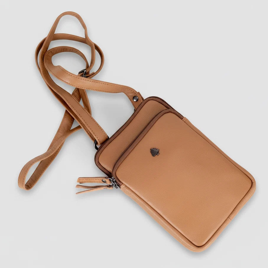 Greenwood Leather Compact Mini Crossbody. Slim Full-Grain Leather Phone Bag & Travel Organizer