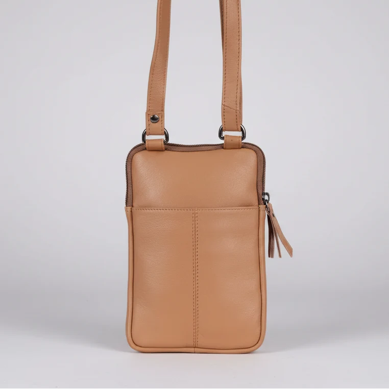 Greenwood Leather Compact Mini Crossbody. Slim Full-Grain Leather Phone Bag & Travel Organizer