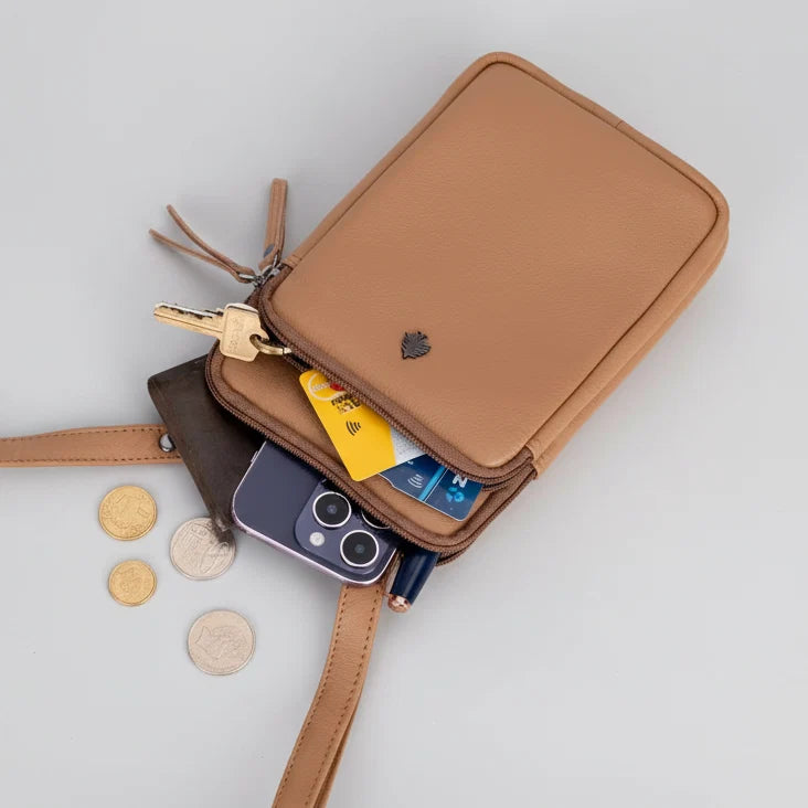 Greenwood Leather Compact Mini Crossbody. Slim Full-Grain Leather Phone Bag & Travel Organizer