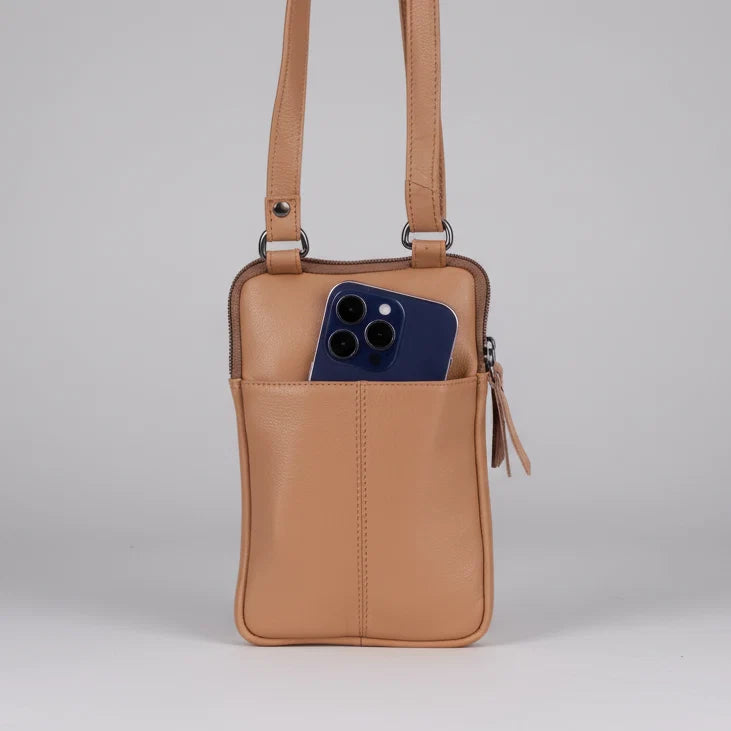 Greenwood Leather Compact Mini Crossbody. Slim Full-Grain Leather Phone Bag & Travel Organizer