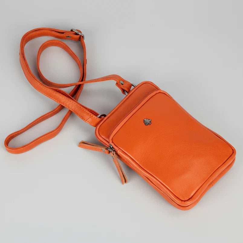 Greenwood Leather Compact Mini Crossbody. Slim Full-Grain Leather Phone Bag & Travel Organizer